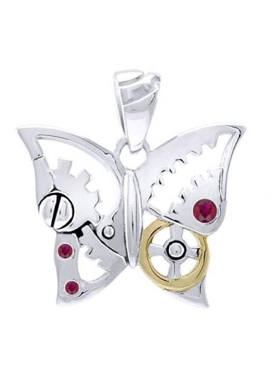 Butterfly Steampunk Pendant with Rubies