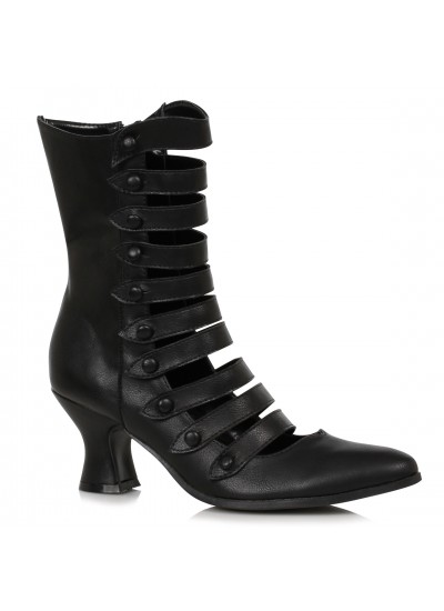 Victorian Open Front Low Heeled Ankle Boots - Black