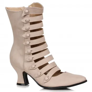 Victorian Open Front Low Heeled Ankle Boots - Beige