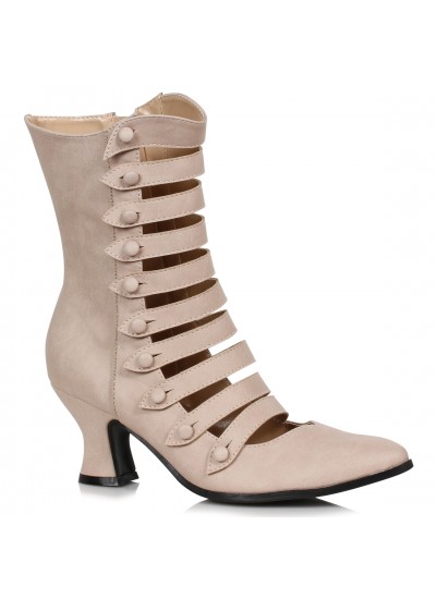 Victorian Open Front Low Heeled Ankle Boots - Beige