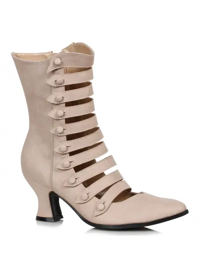 Victorian Open Front Low Heeled Ankle Boots - Beige