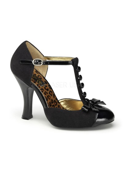 Smitten Button T-Strap Black Suede Pump