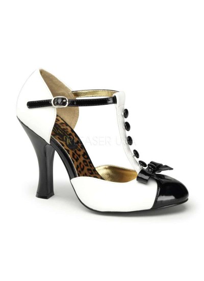 Button T-Strap White and Black Pump